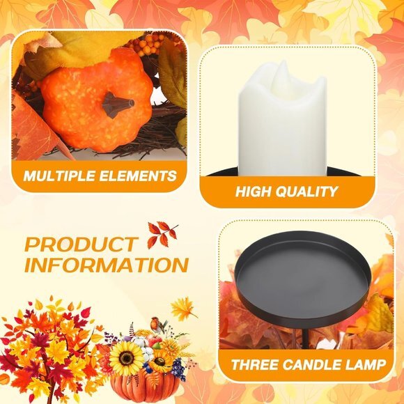 Harvest Centerpiece Thanksgiving Candle‎ Holders with 3 LED Candles and 1 String - Picture 5 of 7